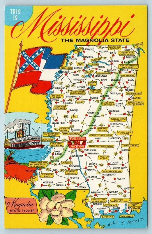 Postcard Mississippi State Map Towns Cities Roads Flag of Confederacy AE8