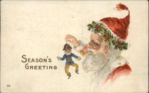 Christmas - Santa Claus Wearing Crown of Holly Holding Marionette Postcard