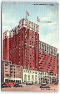 1930s CHICAGO ILL HOTEL SHERMAN STREET VIEW OLD CARS TROLLEY POSTCARD P2071
