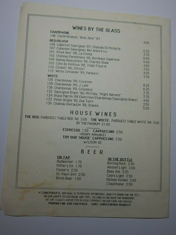 Vintage Chatfield's Restaurant Menu Gladstone, New Jersey