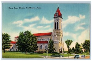 View Of Notre Dame Church Cars Southbridge Massachusetts MA Vintage Postcard