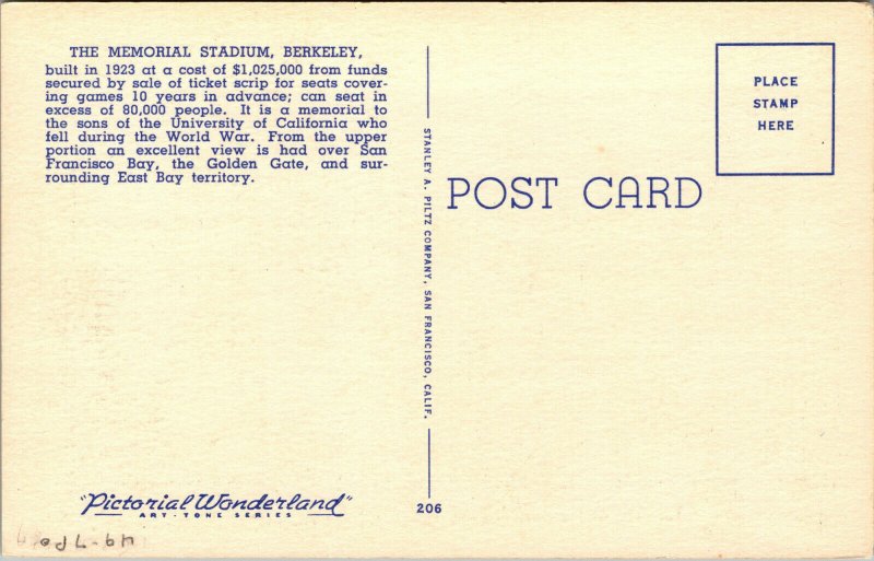 Vtg 1930's Memorial Stadium University Of California Berkeley CA Linen Postcard