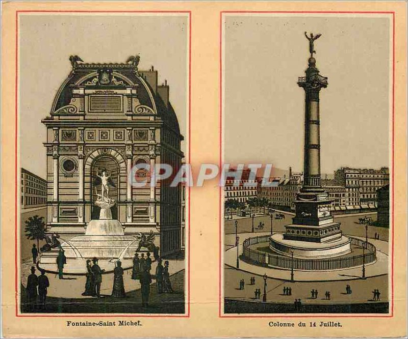 Old Postcard Fontaine Saint Michel and column July 14