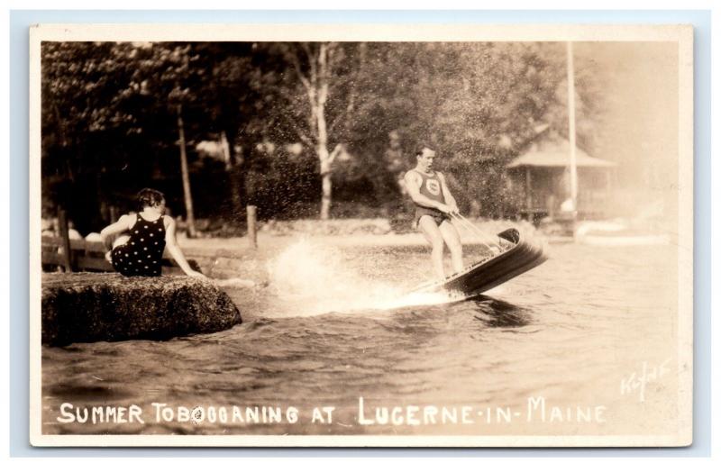 Postcard Summer Tobogganing at Lucerne in Maine ME water winter sled? RPPC H9