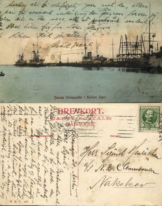 denmark, AARHUS ÅRHUS, Danske Orlogsskibe i Havn, Danish War Ships 1909 Postcard