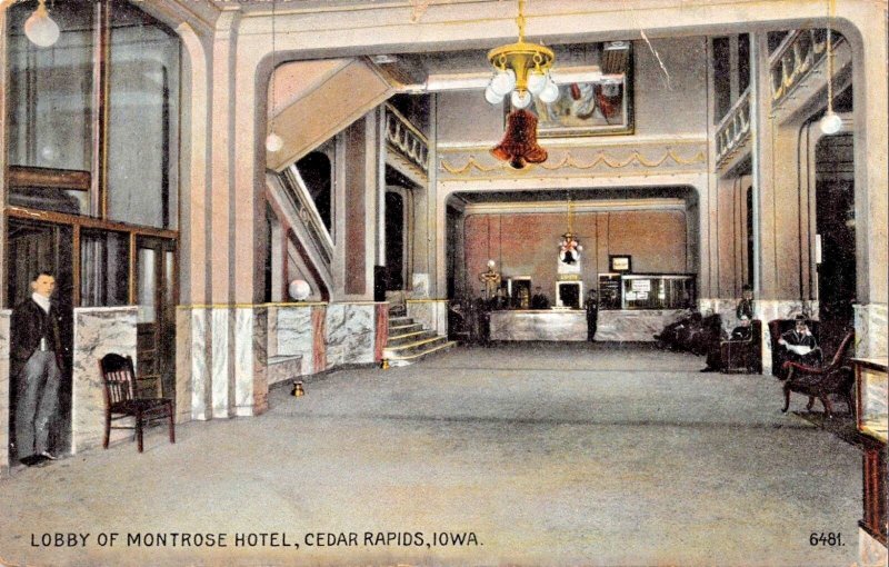 CEDAR RAPIDS IOWA~LOBBY OF MONTROSE HOTEL POSTCARD 1908 PSTMK