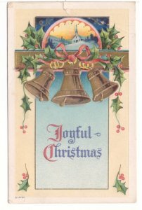 Joyful Christmas, Bells, Holly, Rural Church Scene, 1911 Postcard, Slogan Cancel