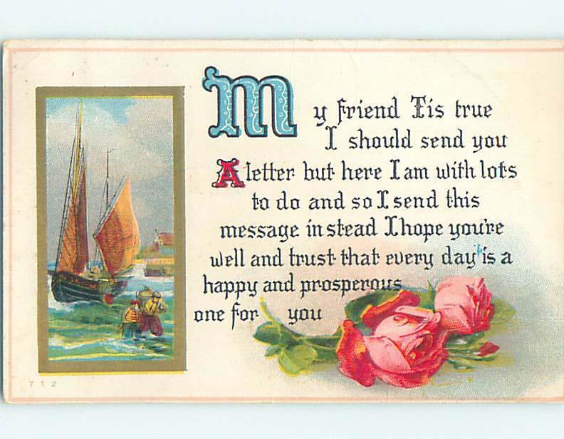 Divided-Back BEAUTIFUL PINK ROSE FLOWERS & SAILBOAT - NAUTIAL THEME o9246