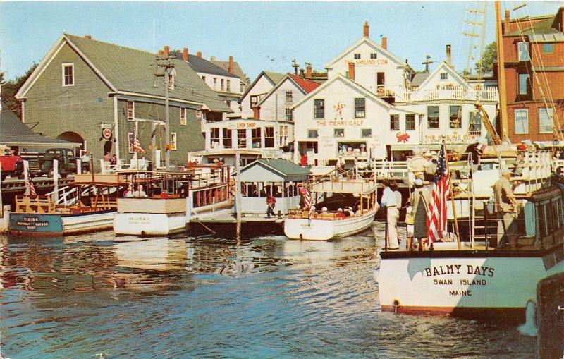 Boothbay Harbor Maine~Excursion Boats @ Docks~Smiling Cow-Merry Calf Bldgs~1957