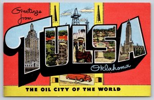 Tulsa Oklahoma~Large Letter Linen~Oil City Of World~Key To Views On Bk~1940s PC
