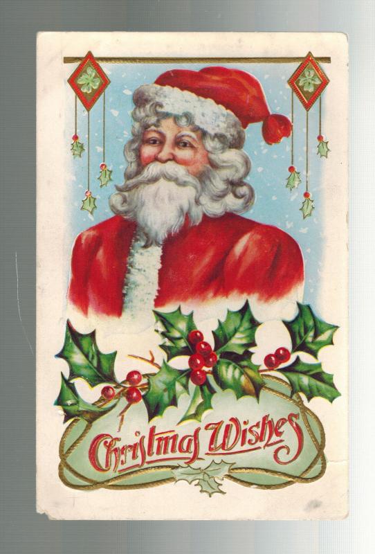 1913 Franklin NH Postcard Cover Christmas Wishes Santa Claus with Holly Embossed