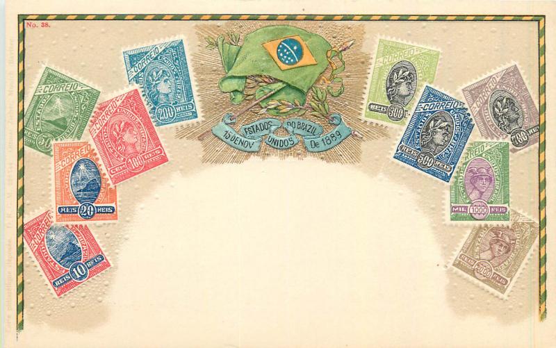 Stamps of Brazil embossed coat of arms by Ottmar Zieher chromo litho postcard