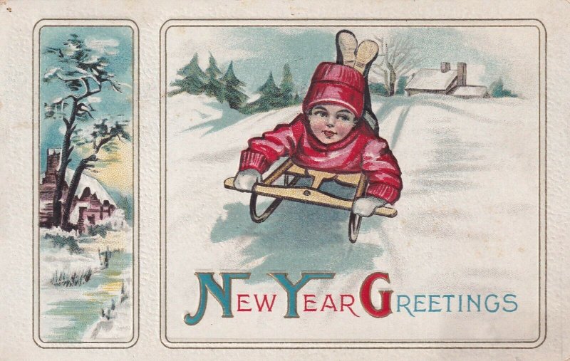 NEW YEAR, PU-1914; Greetings, Winter Country View, Child sledding down hill