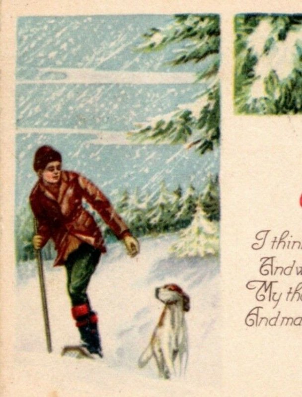 Postcard Christmas Wishes - Boy with dog in snow