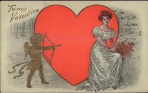 Lounsbury Valentine - Golden Cupid Aims Arrow at Beautiful Woman Postcard
