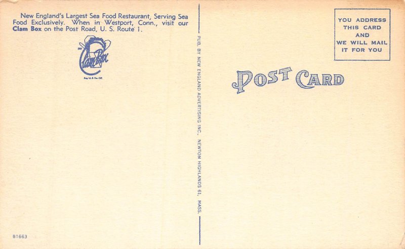 The Clam Box, Cos Cob, On The Post Rd.,Connecticut, Early Linen Postcard, Unused