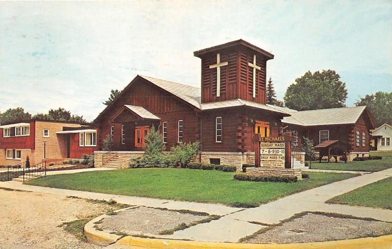 Roscommon Michigan~St Michael's Church~Sign in Yard~Daily Mass~1971 Postcard