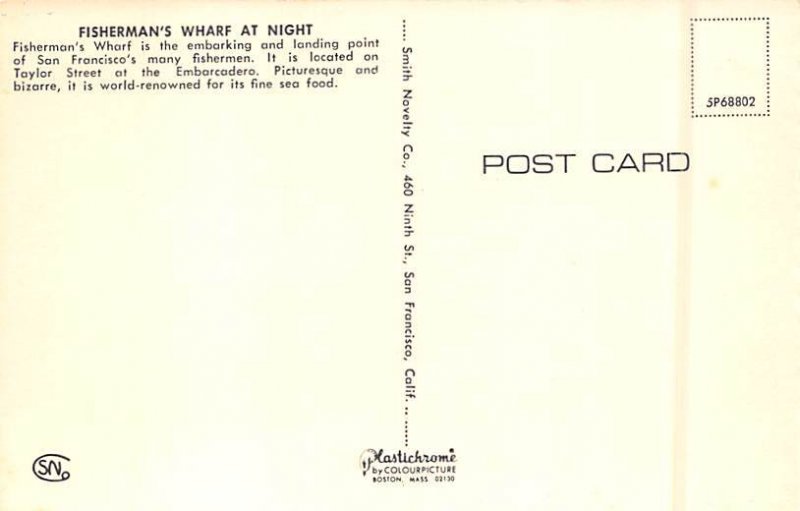 Fisherman's Wharf at Night San Francisco California Postcard