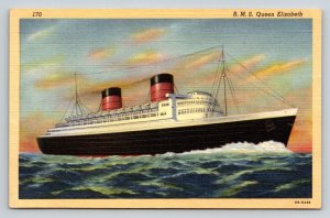 RMS Queen Elizabeth Ocean Liner Ship Curteich Linen Postcard