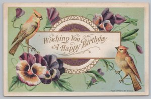 Greeting~Birds & Pansies Wishing A Happy Birthday~Vintage Postcard 