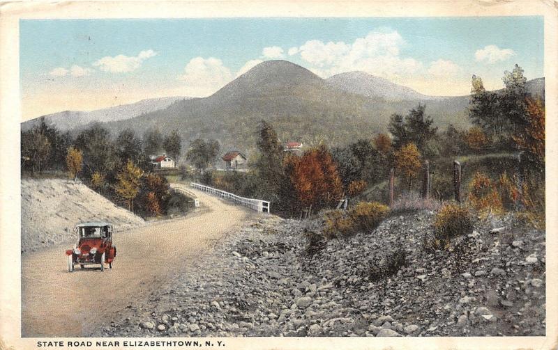 Elizabethtown New York~Vintage Car on State Road~Rustic Bridge-Town in Bkgd~1919