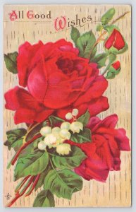 Good Wishes~Bright Red Roses~Lily Of The Valley~Woodgrain Bk~Stecher 235E~Vtg PC