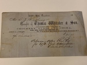 1860 THOMAS WHITAKER & SON Crockery Glass China PROVIDENCE RI Letterhead