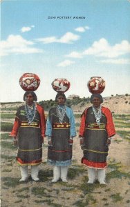 Linen Postcard Zuni Indian Women Carry Pottery Water Jars on their Heads