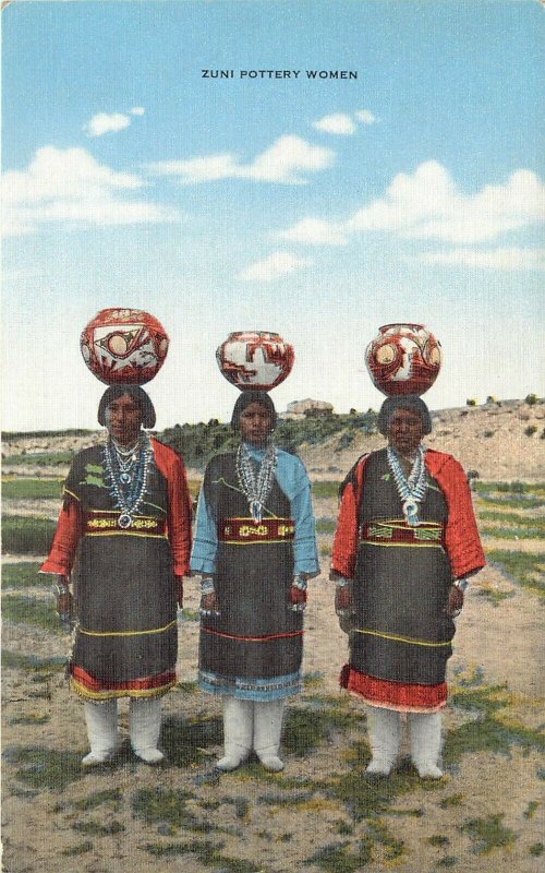 Linen Postcard Zuni Indian Women Carry Pottery Water Jars on their Heads