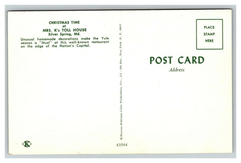 Vintage 1960's Postcard Mrs. K's Toll House Restaurant Silver Spring Maryland