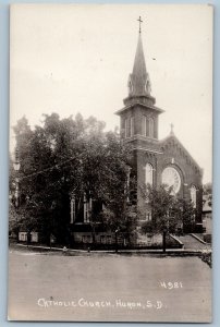 Huron South Dakota SD Postcard RPPC Photo Catholic Church Scene Street c1940's