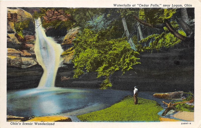 Logan Ohio 193o-40s Postcard Waterfall at Cedar Falls