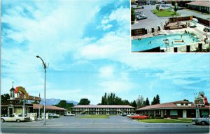 Postcard UT Logan Baugh Motel & Pool Dual-View Gas Station Classic Cars 1960s J5