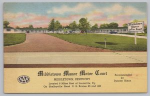 Roadside~Middletown Manor Motor Court AAA Motel KY~Duncan Hines~Linen Vintage PC