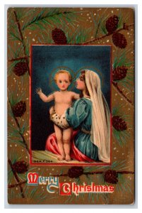 Merry Christmas Nativity Scene Pine Boughs Gilt DB Postcard O18