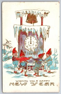 New Year Fantast~Gnomes Dance Around Icy Midnight Clock~Gold Bell~Emb~c1910