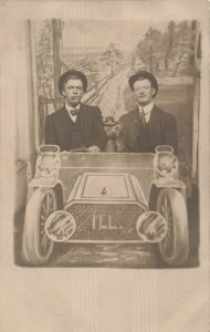 Chicago IL-Studio Portrait Prop Car-Men Wearing Derby Hat~Real Photo POSTCARD