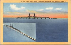 USA James River Bridge Portsmouth and Newport News Virginia Linen Postcard 03.20