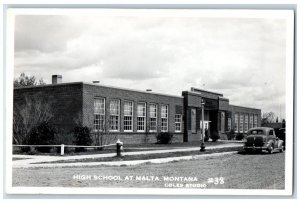 Malta Montana MT Postcard RPPC Photo High School Buildings Car Coles Studio