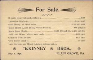 Plain Grove PA McKinney Bros Muslin Ginghams Fanbric Advertising Postal Card