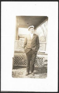 Man in Suit & Hat Beside a House Porch RPPC Unused c1910s