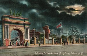 Coney Island NY-New York, Entrance To Steeplechase Park Night, Vintage Postcard