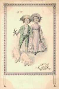 Happy New Year Vienna Style Kids With Pigs Vintage Postcard 03.34