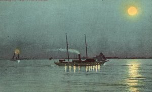 Vintage Postcard 1910's Painting Fishing Shipping Vessels At Night Pub Schulze