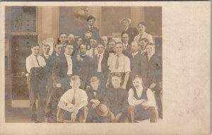 RPPC Group of Men Reflections of Boulders in Windows Multiple Sinks Postcard X5