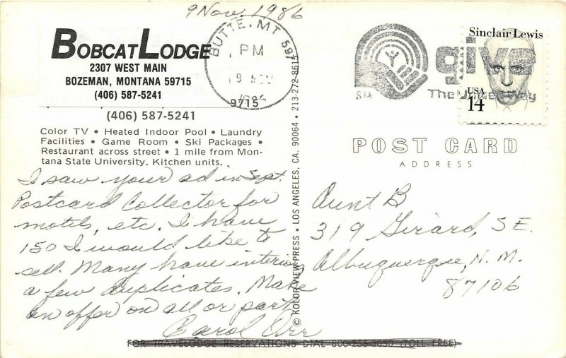 Bozeman Montana 1986 Postcard Bobcat Lodge Motel 