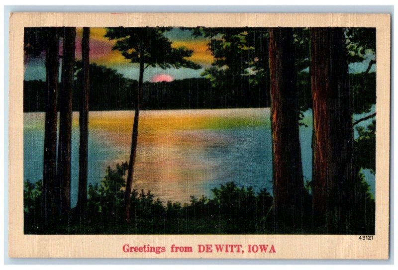 c1940 Greetings De Witt Iowa IA Banner Sunset View Lake Vintage Antique Postcard