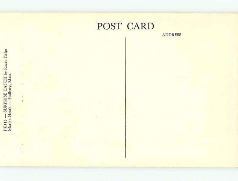 Linen-Like humanized signed BUNNY RABBIT CATCHES BOOT WHILE FISHING r5305-23