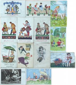 Lot 13 Easter folklore & traditions greetings postcards drawn children Hungary 