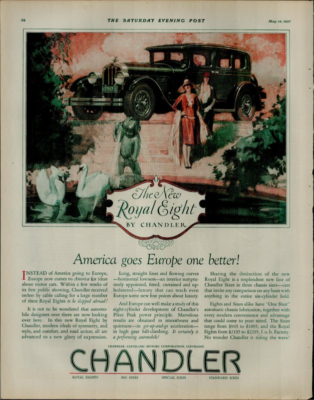 1927 Chandler Royal Eight CarSwans Pond Women Walking Vintage Print Ad 3911